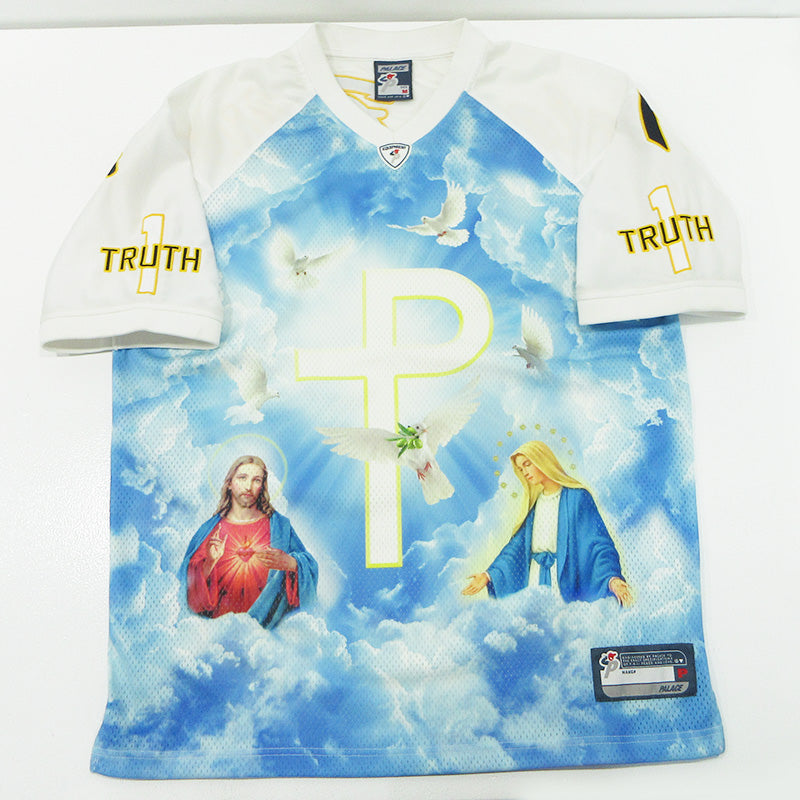 PALACE SKATEBOARDS | パレススケートボード 1 TRUTH JERSEY 1トゥルースジャージ ロゴ刺繍ゲームシャツ プリントメッシュ半袖Tシャツ 半袖シャツ ホワイト×ブルー サイズ：M【三重本店】