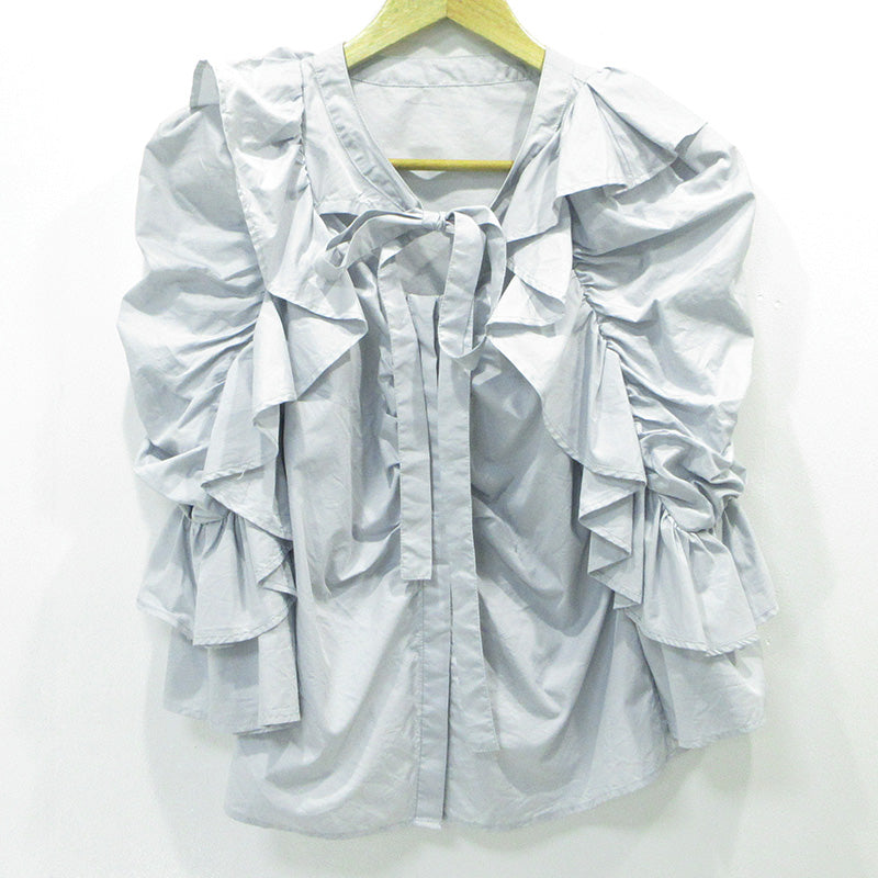 snidel | スナイデル フロントスリットボウタイブラウス フリル七分袖シャツ 長袖シャツ サイズ：ONE SIZE ブラウス SWFB231119 ライトブルー グレーブルー【三重本店】