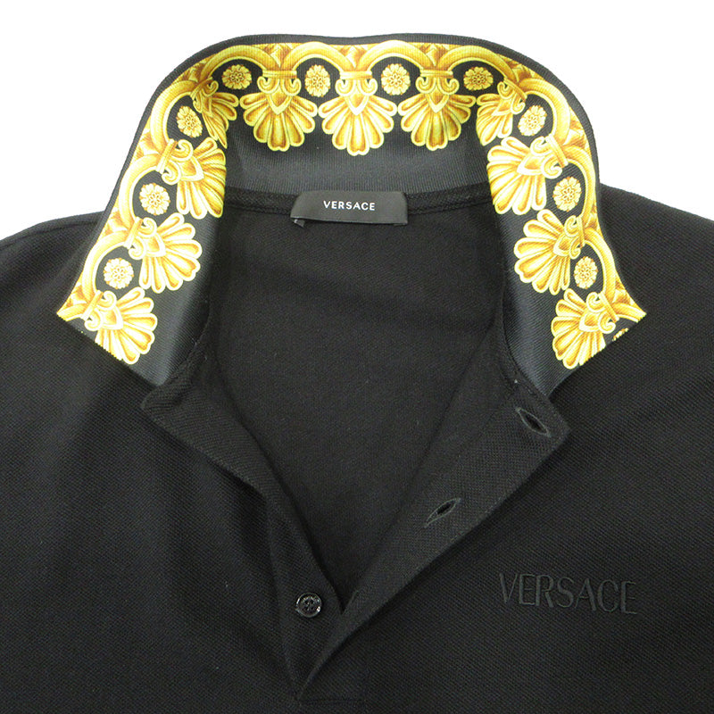 VERSACE | ヴェルサーチ Barocco Print Short Sleeve Polo Shirt バロックプリントロゴ刺繍半袖ポロシャツ ポロシャツ 1012260 1A10242 ブラック サイズ：S【三重本店】