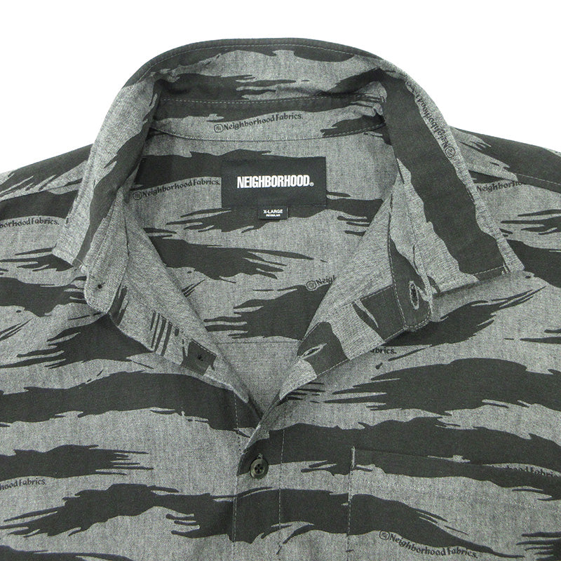 NEIGHBORHOOD | ネイバーフッド CAMO PATTERN CHAMBRAY SHIRT カモパターンシャンブレーシャツ ロゴワッペン総柄長袖シャツ 半袖シャツ 261TSNH-SHM10 グレー×ブラック サイズ：XL【三重本店】