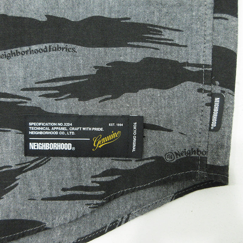 NEIGHBORHOOD | ネイバーフッド CAMO PATTERN CHAMBRAY SHIRT カモパターンシャンブレーシャツ ロゴワッペン総柄長袖シャツ 半袖シャツ 261TSNH-SHM10 グレー×ブラック サイズ：XL【三重本店】
