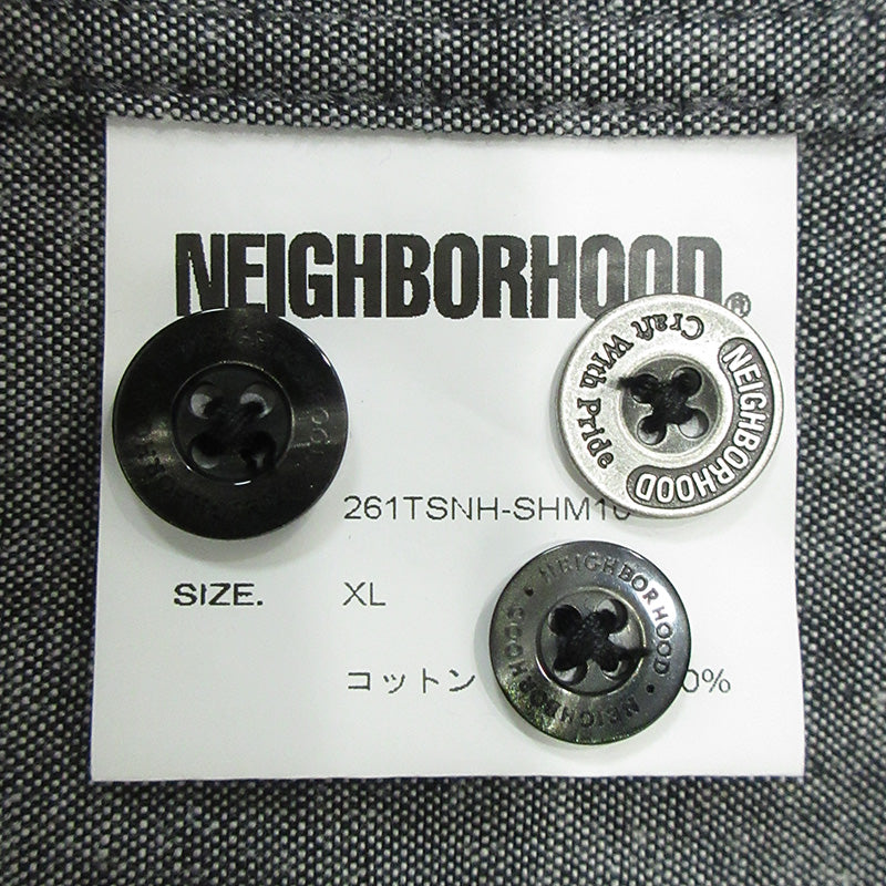 NEIGHBORHOOD | ネイバーフッド CAMO PATTERN CHAMBRAY SHIRT カモパターンシャンブレーシャツ ロゴワッペン総柄長袖シャツ 半袖シャツ 261TSNH-SHM10 グレー×ブラック サイズ：XL【三重本店】