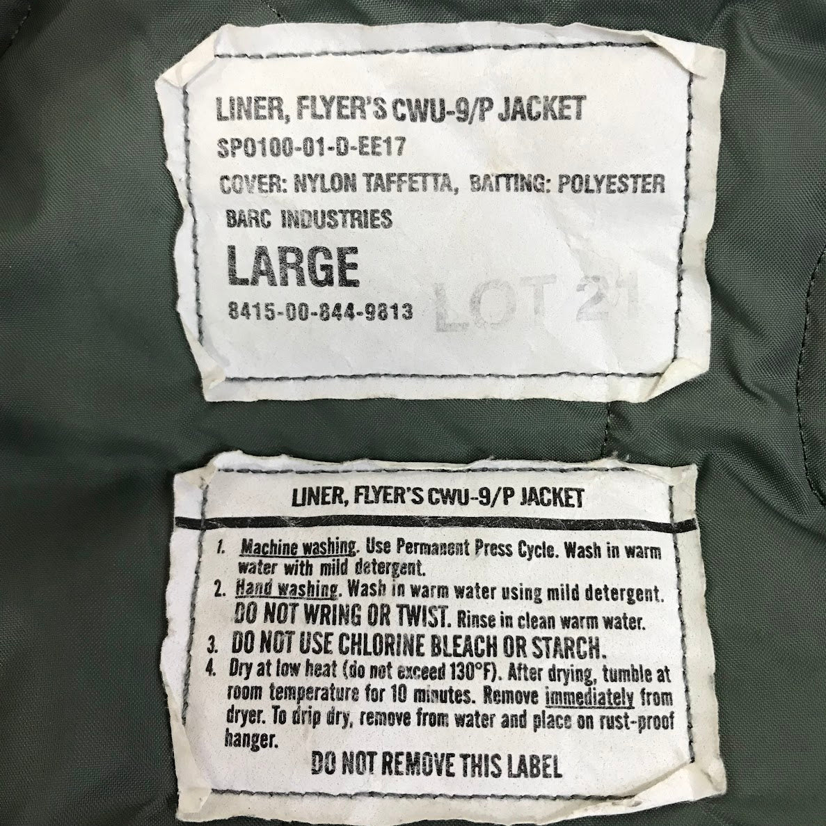 MILITARY衣料 | ミリタリーイリョウ US.ARMY 00s キルティングジャケット CWU-9/P JACKET 中綿ジャケット 8415-00-844-9813 カーキ サイズ：L【倉吉店】