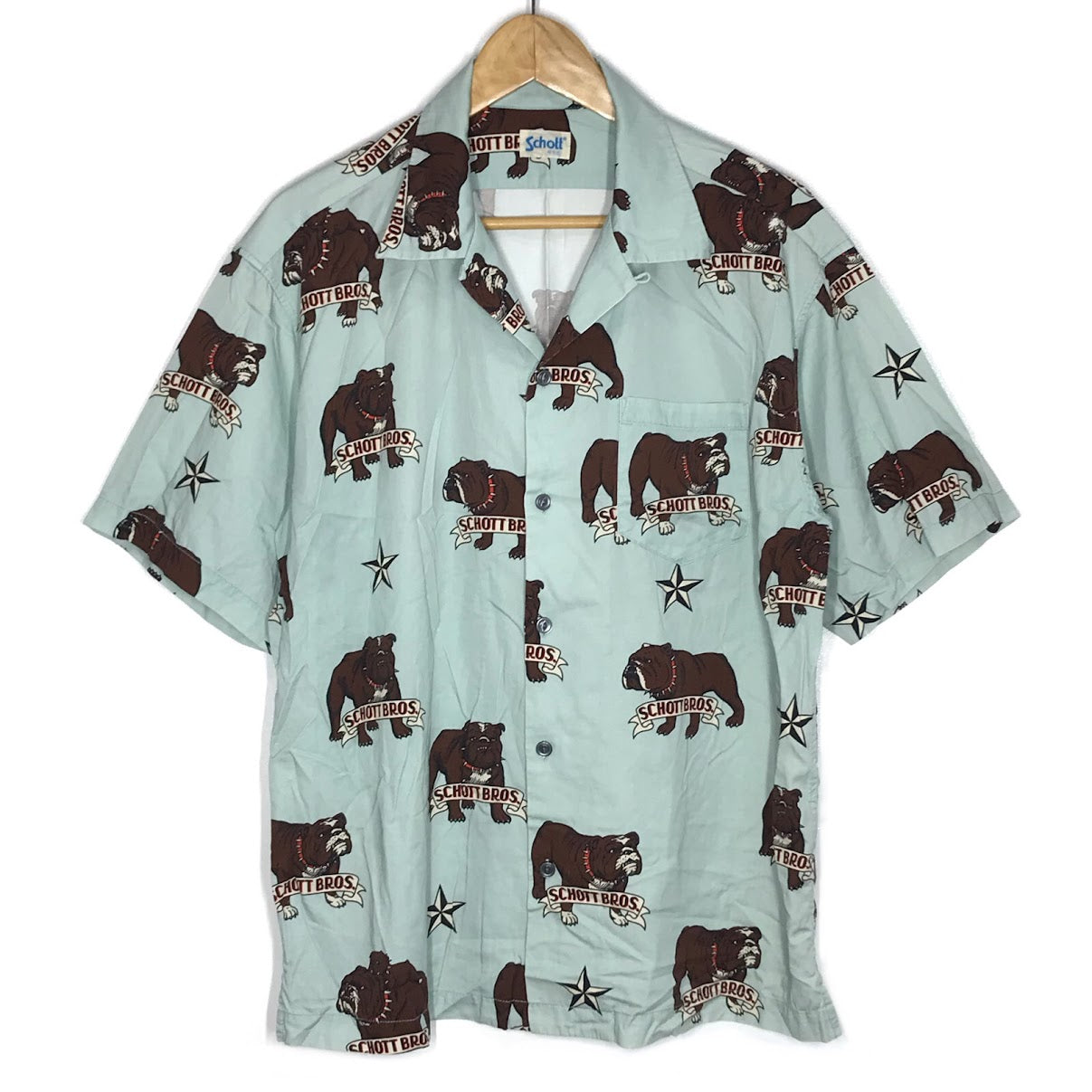 schott | ショット BULLDOG HAWAIIAN SHIRT ブルドッグ柄 半袖シャツ 3125067 ブルー サイズ：L【倉吉店】【代金引換不可・日時指定不可】【ポスト投函】