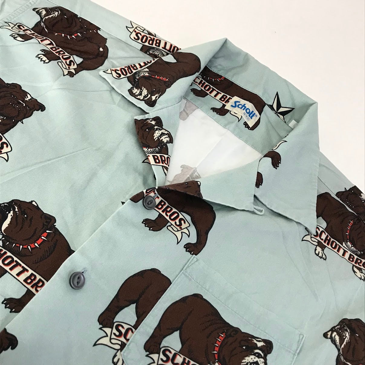 schott | ショット BULLDOG HAWAIIAN SHIRT ブルドッグ柄 半袖シャツ 3125067 ブルー サイズ：L【倉吉店】【代金引換不可・日時指定不可】【ポスト投函】