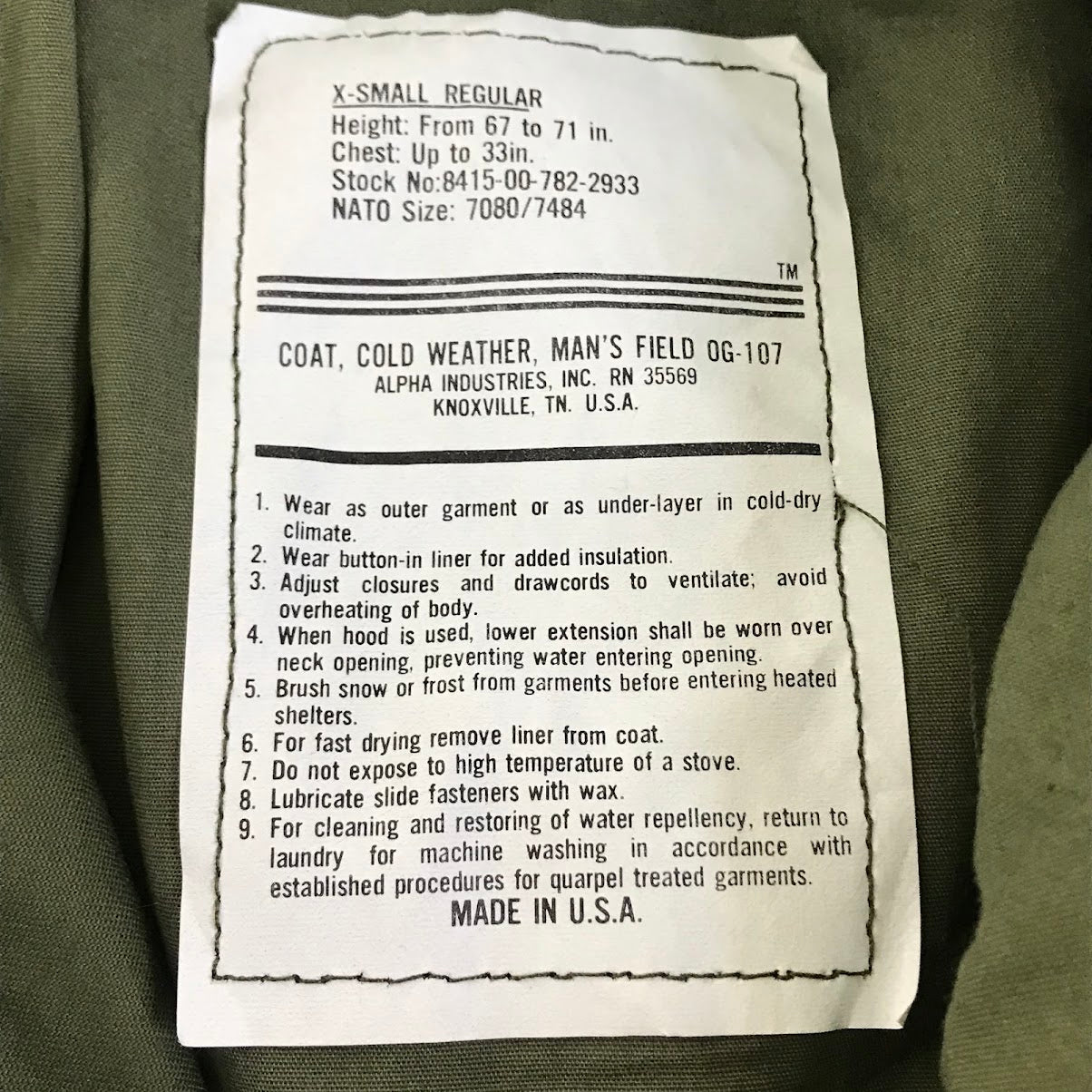 ALPHA | アルファ M-65 FIELD JACKET フィールドジャケット ミリタリージャケット 8415-00-782-2933 カーキグリーン サイズ：XS【倉吉店】