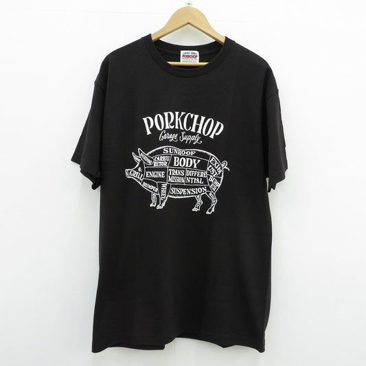 PORK CHOP | ポークチョップ GARAGE SUPPLY PORK FRONT TEE 半袖Ｔシャツ P0451 ブラック サイズ：L【瀬戸大橋店】