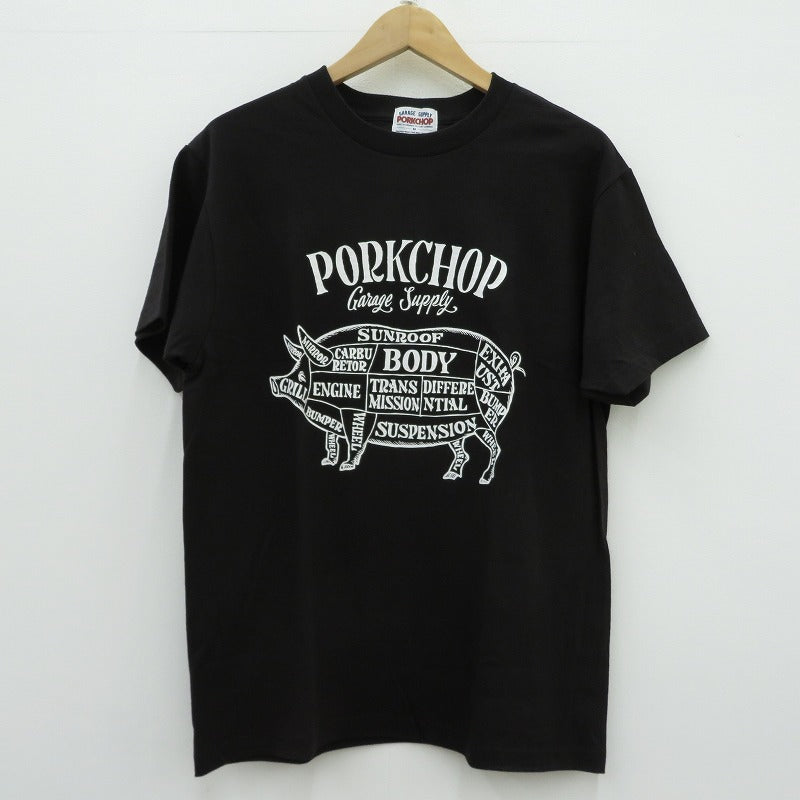 PORK CHOP | ポークチョップ GARAGE SUPPLY PORK FRONT TEE 半袖Ｔシャツ P0451 ブラック サイズ：M【瀬戸大橋店】